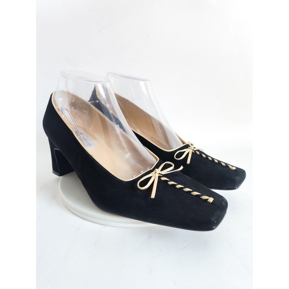 Maggie Sweet Pumps 8.5 Vintage 90s Square Toe Black Gold Suede Bow Block Heel